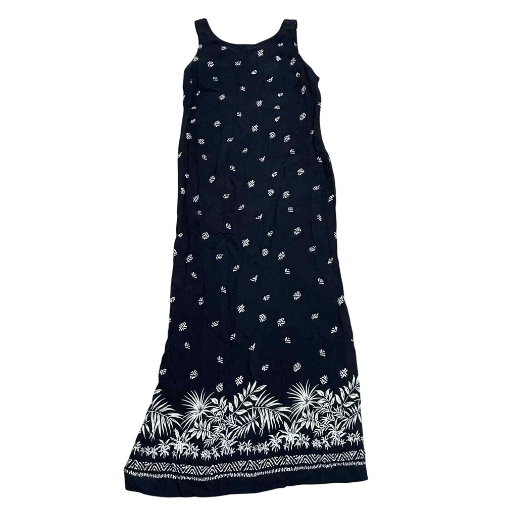 Studio I Vtg 90's Maxi Dress Women's 14 Black White Palm Print Sleeveless Rayon